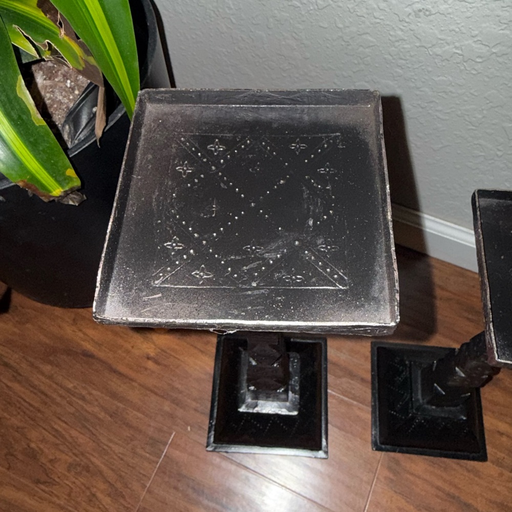 Pair of Cast Iron Pedestals with Decorative Pattern, Square Tops, 17" & 13" Tall - Picture 7 of 11